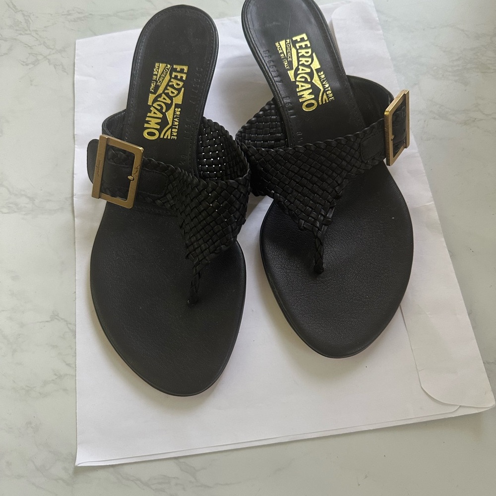 Salvatore Ferragamo Black Woven Buckle Sandals